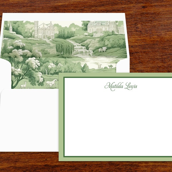 French Toile Custom Stationery | Personalized Note Cards | Thank You Note Stationary with Lined Envelopes | Set of 10 | Green Willow