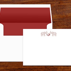 Ensemble de cartes de correspondance monogramme éléphant cramoisi | Enveloppes doublées assorties | Ensemble de 10 cartes de correspondance | Impression d'adresse de retour