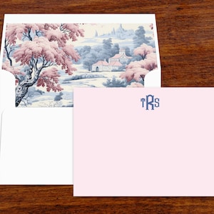 Papeterie personnalisée en toile française | Cartes de correspondance personnalisées | Papier de remerciement avec enveloppes lignées | Lot de 10 | Saule bleu et rose