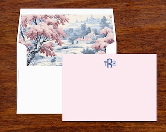 French Toile Personalized Note Cards | Pink Stationery Set of 10