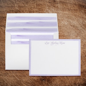 Personalized Stationery Note Cards with Lined Envelopes Purple Lavender Watercolor Stripes