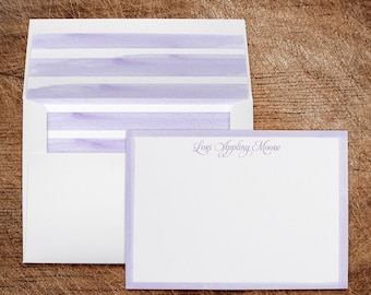 Personalized Stationery Note Cards with Lined Envelopes Purple Lavender Watercolor Stripes