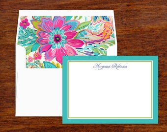 Floral Personalized Stationery Set | Turquoise Border, Lined Envelopes