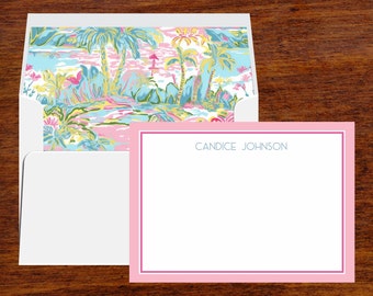 Personalized Tropical Theme Stationery | Set of 10 | Note Cards with Island Pattern Lined Envelopes | Return Address Available | Custom
