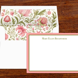 Ensemble de 10 articles de papeterie personnalisés | Enveloppes à lignes assorties | Rose et vert style William Morris | Option d'impression de l'adresse de retour