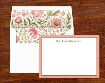 Personalized Stationery Set | William Morris Floral Envelopes, Pink & Green