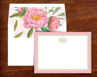 Pink Floral Personalized Stationery Thank You Note Cards with Lined Envelopes | Set of 10