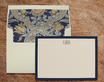 Monogram Personalized Stationery Thank You Note Cards with Lined Envelopes Floral Matching Set Navy Ivory Gold