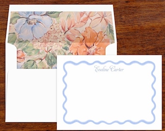 Floral Stationery Note Cards | Monogrammed, Scallop Edge, Lined Envelopes