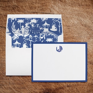 Cartes de correspondance personnalisées Monogramme bleu toile de Chinoiserie avec enveloppes avec ligne | Lot de 10