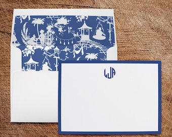 Chinoiserie Toile Blue Monogram Personalized Stationery Note Cards with Lined Envelopes | Set of 10