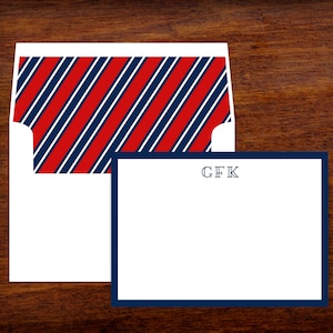 Papeterie rouge et bleue personnalisée | jeu de cartes de remerciements | Papeterie avec enveloppes lignées | de correspondance monogrammes | Lot de 10