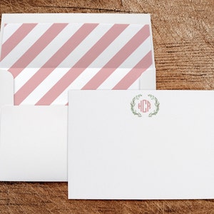 Cartes de correspondance de papeterie de monogramme rayé rose blush | Enveloppes assorties doublées | Notes de remerciement | Dames ou Filles | Lot de 10