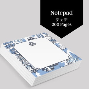 May include: A stack of blue and white patterned notepad paper with a white border and a monogram in the centre. The notepad is 5 inches by 5 inches and has 200 pages. Notepad, 5" x 5", 200 Pages