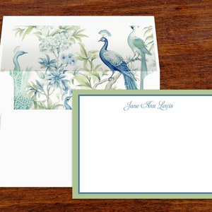 Papeterie faite sur commande de paon de Chinoiserie | Cartes de correspondance personnalisées | Papier de remerciement avec enveloppes lignées | Lot de 10