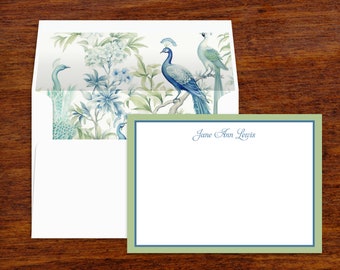 Chinoiserie Peacock Custom Stationery | Personalized Note Cards | Thank You Note Stationary with Lined Envelopes | Set of 10