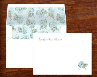 Personalized Stationery Set | Blue Hydrangea Lined Envelopes, Monogram Note Cards
