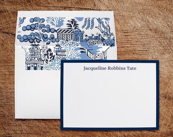 Chinoiserie Toile Monogram Personalized Stationery Note Cards with Lined Envelopes | Set of 10
