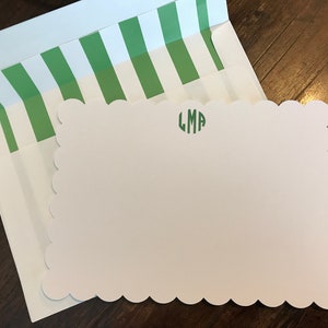 Cartes de correspondance à bord festonné monogrammes Enveloppes à rayures vertes pour femmes, filles, adolescents