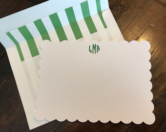 Scalloped Edge Monogram Note Cards Green Cabana Stripe Lined Envelopes Ladies Girls Teens