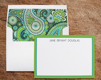 Personalized Stationery Note Cards with Lined Envelopes Business Professional Personal Paisley Green