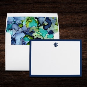 Notecards Personalized Ink Blot Navy Monogram Stationery with Matching Lined Envelopes | Set of 10