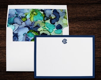 Notecards Personalized Ink Blot Navy Monogram Stationery with Matching Lined Envelopes | Set of 10
