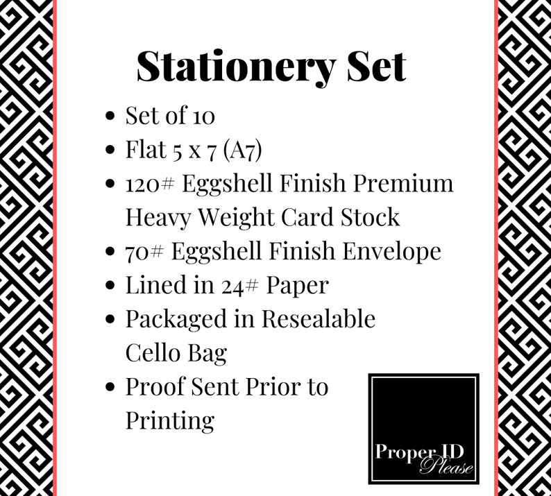 Pode incluir: Em um fundo branco, o texto "Stationery Set" no topo. Abaixo, marcadores listam as caracter&iacute;sticas do conjunto, incluindo 10 pe&ccedil;as, cart&otilde;es planos de 12.7 x 17.8 cm (A7) e papel cart&atilde;o de alta gramatura. A imagem tamb&eacute;m inclui um logotipo.