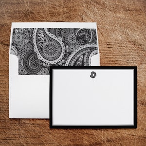 Cartes de notes de papeterie personnalisées avec enveloppes doublées Business Professional Personal Paisley Noir et Gris