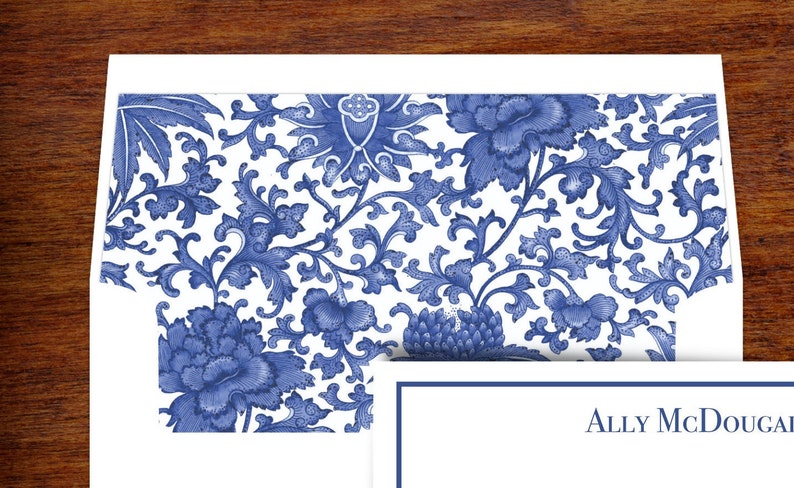 Chinoiserie Toile Blue Willow Monogram Personalized Stationery Note Cards with Lined Envelopes Set of 10 image 3