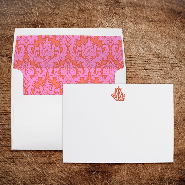 Personalized Stationery Antique Monogram Thank You Note Cards with Lined Envelopes Ladies Pink Orange