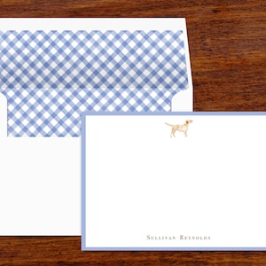 Papeterie personnalisée pour chien labrador | Lot de 10 | de correspondance avec enveloppes doublées vichy bleu | Impression de l'adresse de retour disponible