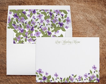 Personalized Stationery Note Cards with Lined Envelopes Purple Lavender Violets Ladies