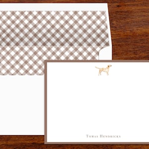 Ensemble de papeterie pour chien personnalisé | Ensemble de 10 | Cartes de correspondance avec enveloppes doublées en Vichy marron | Impression d'adresse de retour disponible