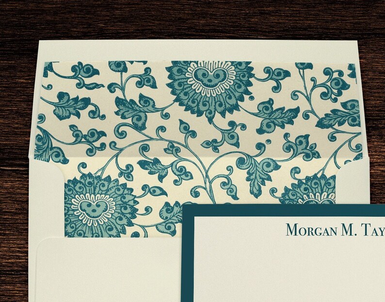 Teal Blue Toile Floral Monogram Personalized Stationery Thank You Note Cards with Lined Envelopes image 3