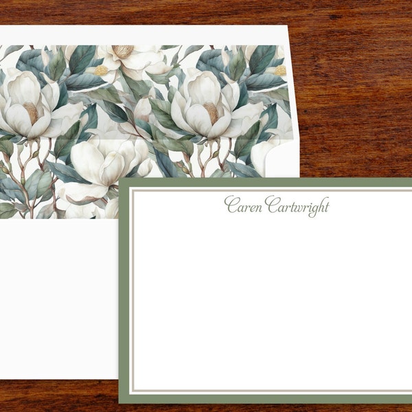 Custom Stationery | Set of 10 | Note Cards with Envelopes Lined in Magnolia Pattern | Return Address Printing to Match Available