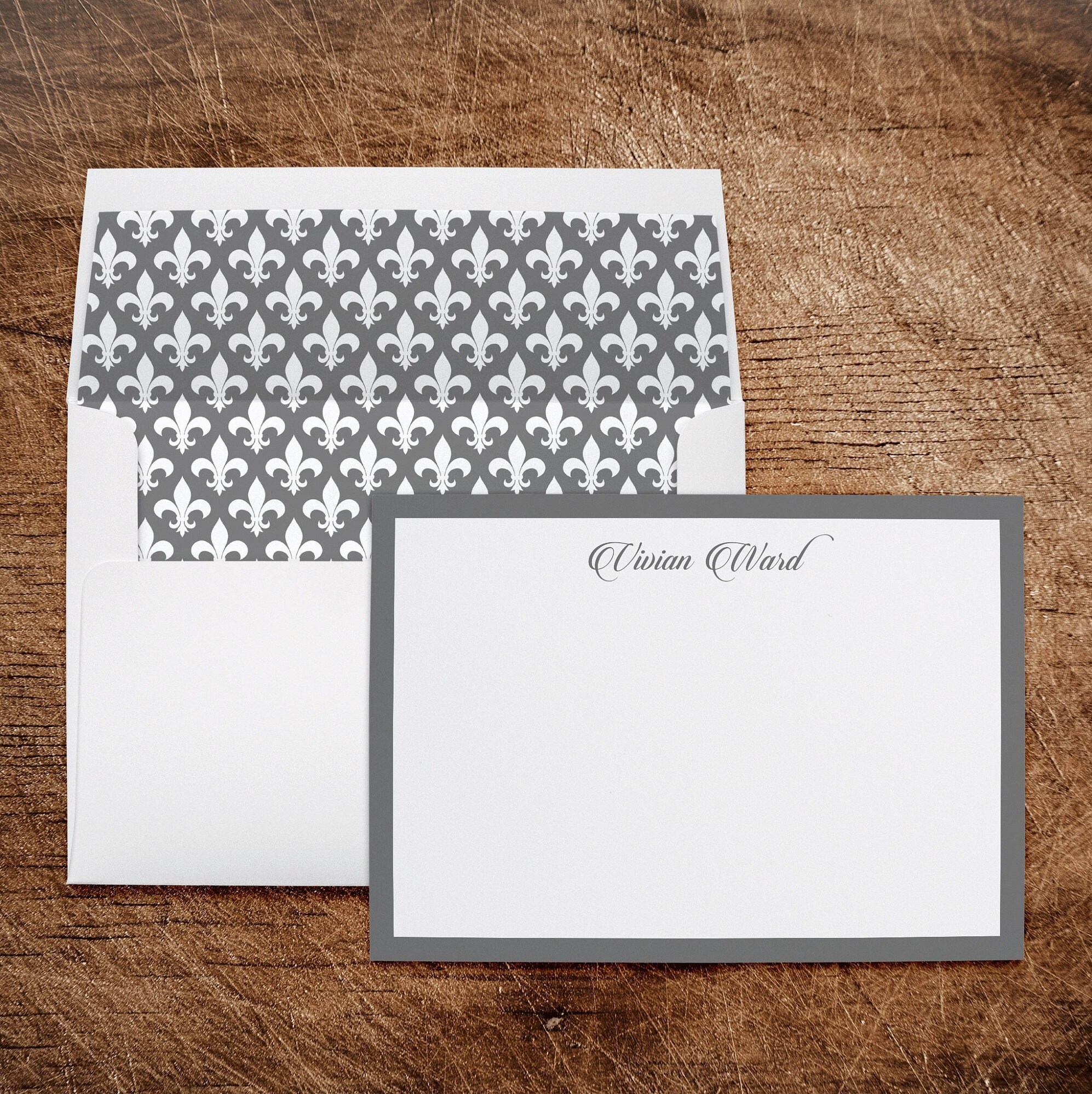Gray French Fleur de Lis Personalized Stationery Note Cards with Lined Envelopes Business Professional Personal Ladies