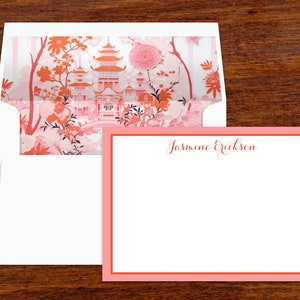 Pink & Orange Chinoiserie Custom Stationery | Personalized Thick Note Cards with Lined Envelopes | Thank You Notes | Return Address Printing