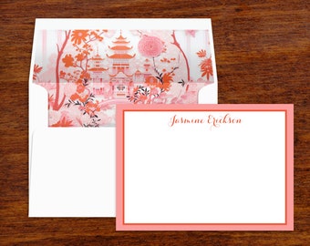 Personalized Stationery | Pink Chinoiserie Note Cards with Lined Envelopes