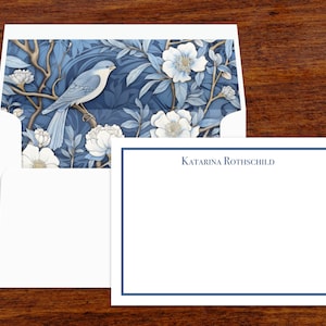 Blue Chinoiserie Bird Personalized Stationery Note Cards | Lined Envelopes | Set of 10 | Thank You Notes | Correspondence Card Stationary