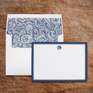 Cartes de notes de papeterie personnalisées avec enveloppes doublées Business Professional Personal Paisley Bleu et Gris