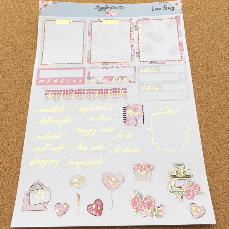 Love Story with Gold Foil ERIN CONDREN VERTICAL Weekly Decorative Sticker Set