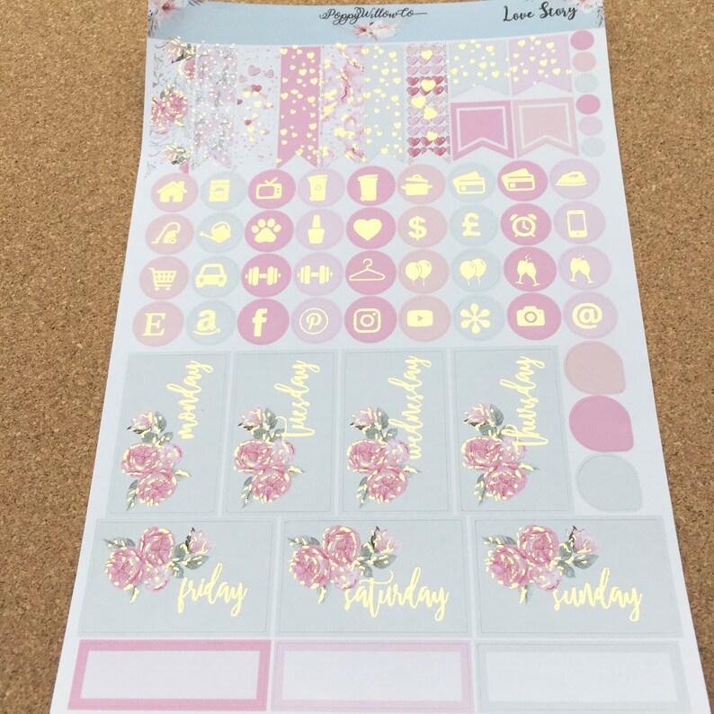 Love Story with Gold Foil ERIN CONDREN VERTICAL Weekly Decorative Sticker Set