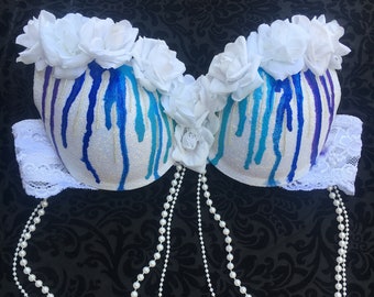 White and Blue drip rave bra/ rose bra/ rave outfit/ edc bra