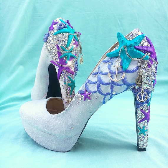 Crystal Starfish Mermaid Heels Custom Heels Glitter Heels Mermaid Pumps White Pumps Etsy