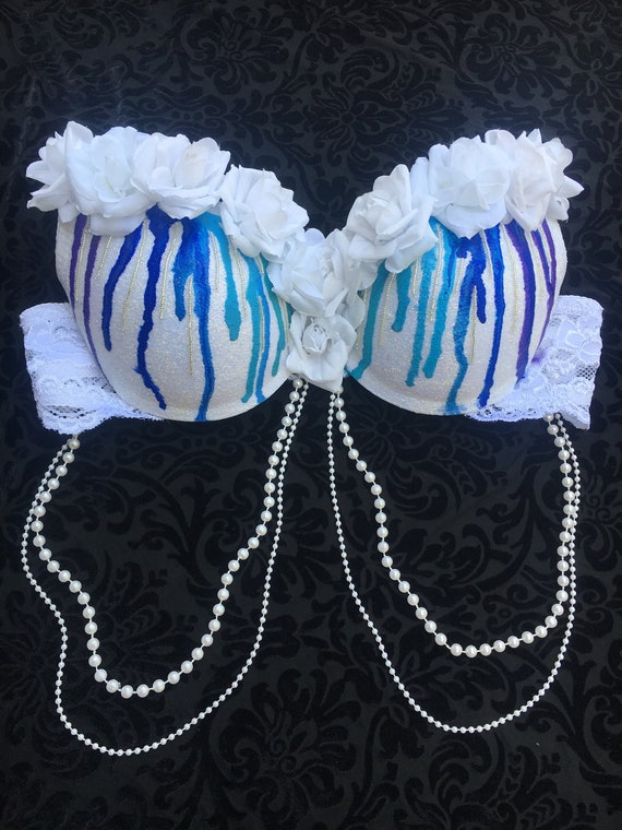 White and Blue Drip Rave Bra/ Rose Bra/ Rave Outfit/ Edc Bra 