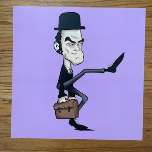 May include: A cartoon illustration of a man wearing a black bowler hat, a black suit, and a brown briefcase. He is kicking his leg out in front of him, with his shoe pointed towards the viewer.