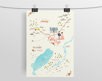 Wedding Map Invitation Custom Watercolor Hand Drawn Lettered Couple Portrait Destination Event Guest Itinerary Direction Design Stationery