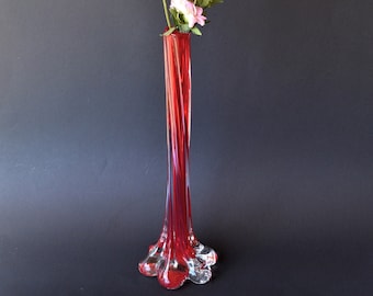 Darling Vintage Murano Style Ręcznie dmuchany czerwony i przezroczysty wazon Twist Bud - wysoki wazon MCM