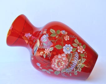 Vintage Norleans Ruby Red Wazon/Urn Pawie i Kwiatowy Wzór - Wyprodukowano we Włoszech - Styl Chinoiserie - Art Deco